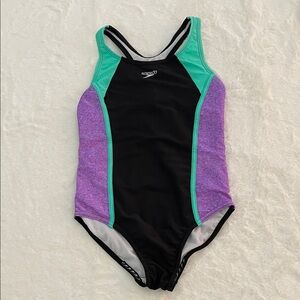 Speedo Girls Black Teal Purple Colorblock One-Piece Swimsuit  SZ L  12